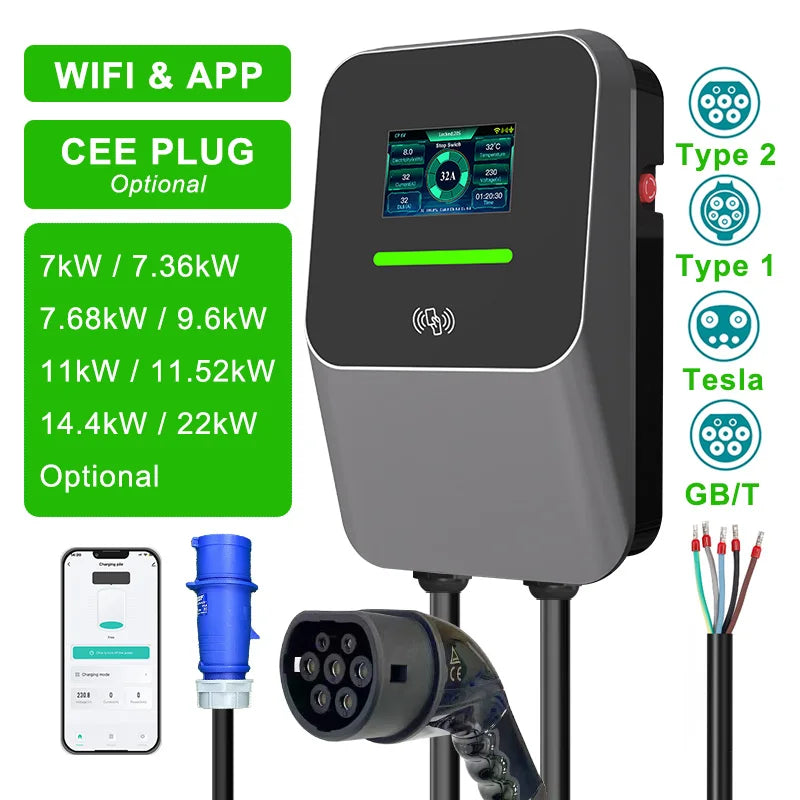 7kW 11kW 22kW AC EV Charger Type 2 Wall Mounted OCPP 1.6 RFID Commercial EV Charging Station 3 Phase 32Ar 01