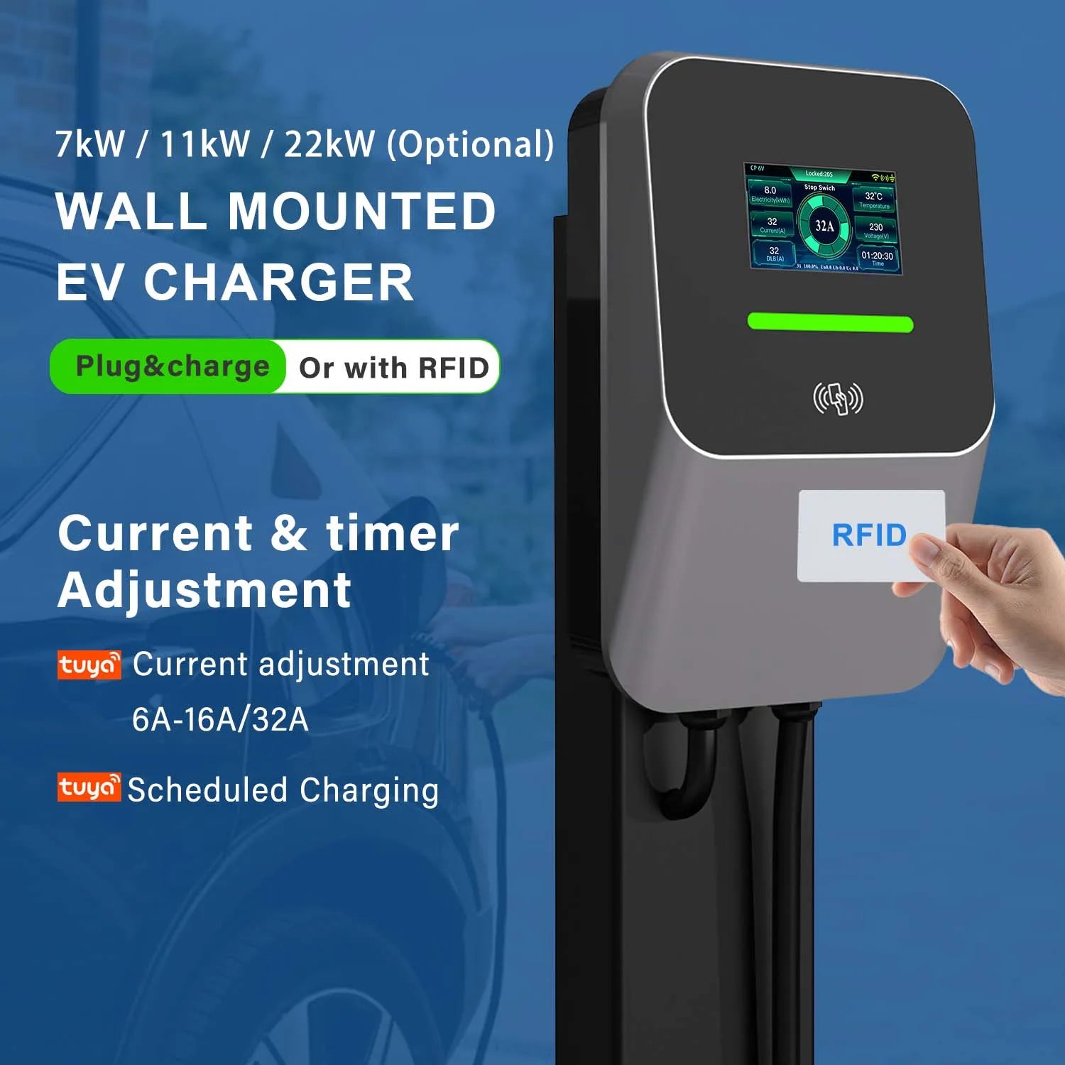 7kW 11kW 22kW AC EV Charger Type 2 Wall Mounted OCPP 1.6 RFID Commercial EV Charging Station 3 Phase 32Ar 01